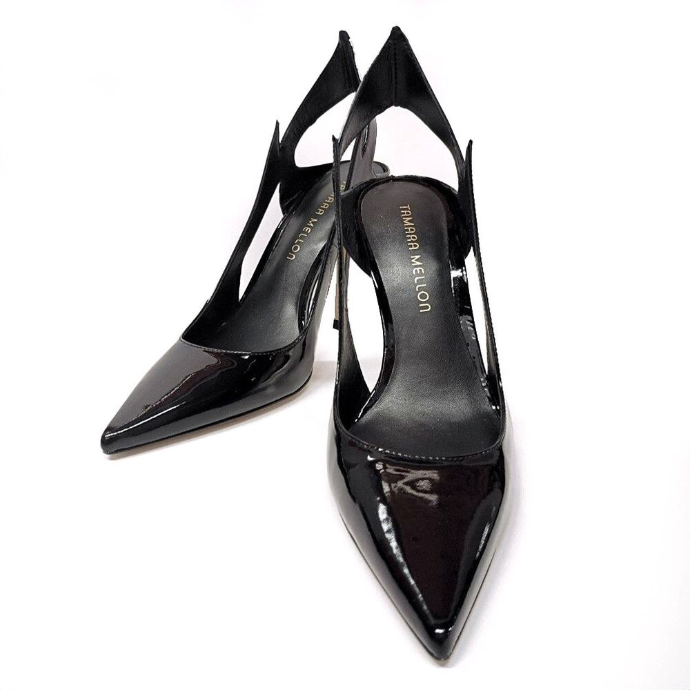 Tamara Mellon Black Patent Leather Cutout Slingback Stiletto heels EU 37.5 NWOT